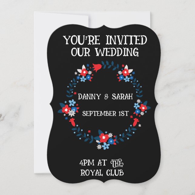 FLORAL FRAME BLACK MODERN WEDDING INVITATIONS (Front)