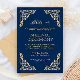 Floral Frame Blue and Gold Islamic Muslim Mehndi Enclosure Card