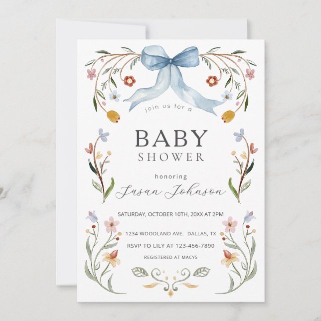 Floral Frame Blue Bow Baby Shower Invitation (Front)