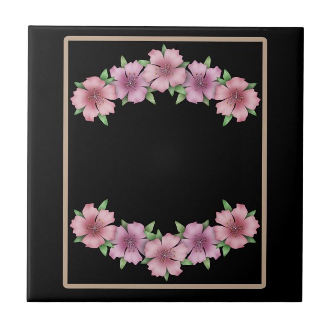 Floral frame cartoon flowers beige border black b tile (Front)