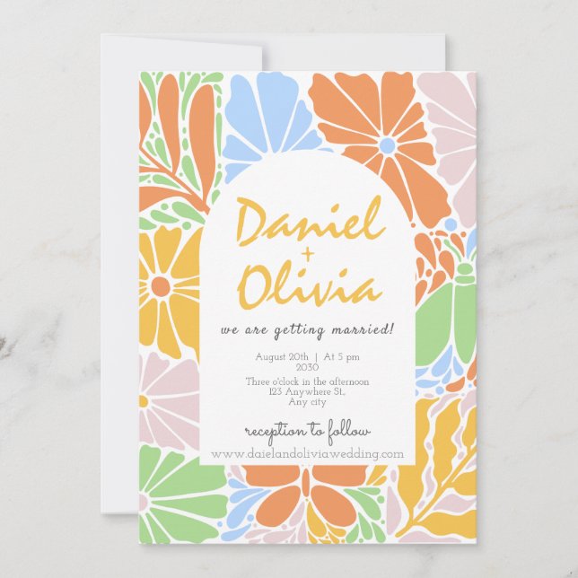 Floral Frame Colourful Retro Wedding Invitation (Front)
