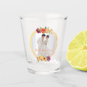 Floral frame couple photo beige wedding mr & mrs shot glass