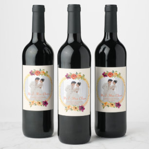 Floral frame couple photo beige wedding mr & mrs wine label