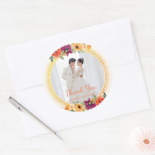 Floral frame couple photo beige wedding thank you classic round sticker