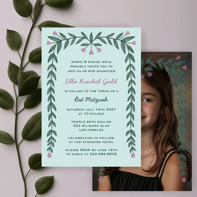 Floral Frame Custom Photo Bat Mitzvah Girl Invitation (Floral Frame Custom Photo Bat Mitzvah Girl Invitation
)