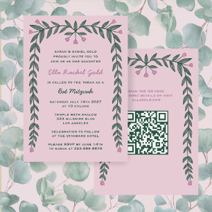 Floral Frame Custom QR Code Bat Mitzvah Girl Invitation