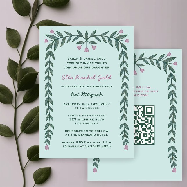 Floral Frame Custom QR Code Bat Mitzvah Girl Invitation (Floral Frame Custom QR Code Bat Mitzvah Girl Invitation
)