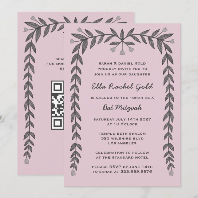 Floral Frame Custom QR Code Modern BarBat Mitzvah  Invitation (Front/Back)