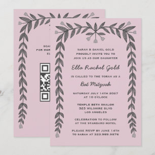 Floral Frame Custom QR Code Modern BarBat Mitzvah  Invitation