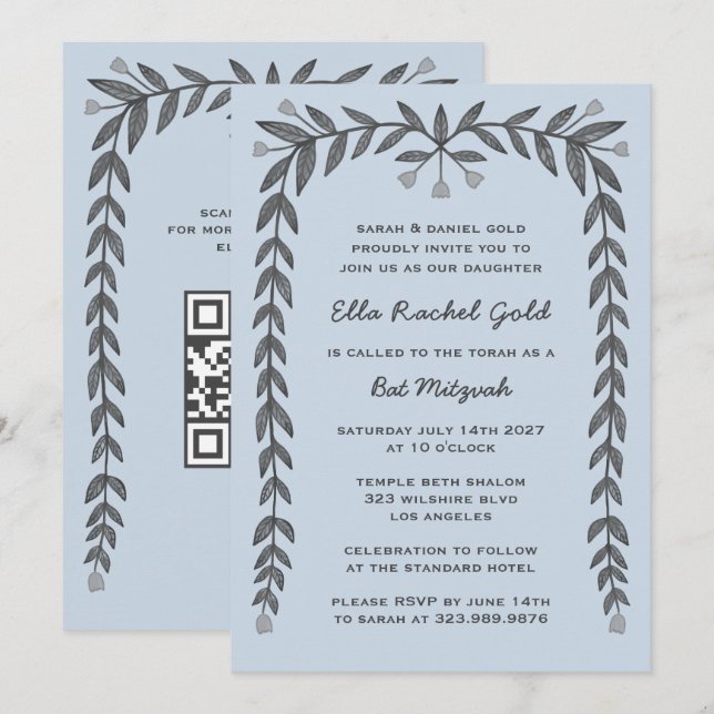 Floral Frame Custom QR Code Modern BarBat Mitzvah  Invitation (Front/Back)