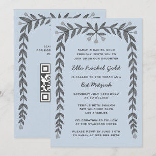 Floral Frame Custom QR Code Modern BarBat Mitzvah  Invitation