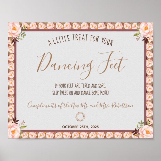 Floral Frame Dancing Feet Flip Flops Wedding Sign (Front)