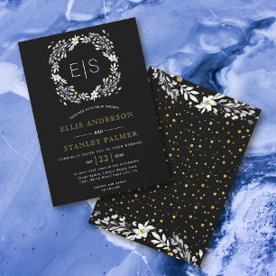 Floral frame gold confetti black white wedding invitation