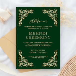 Floral Frame Green and Gold Islamic Muslim Mehndi Enclosure Card