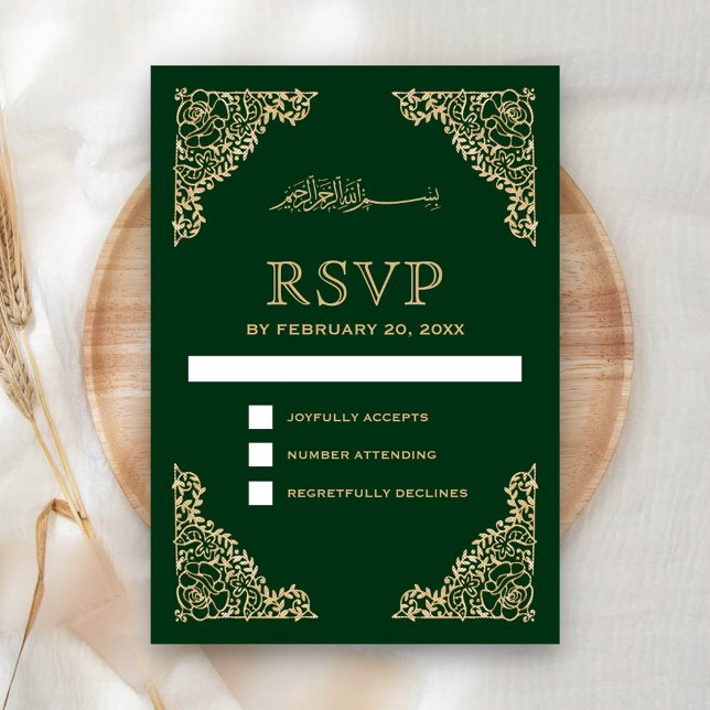 Floral Frame Green and Gold Islamic Muslim Wedding RSVP Card (Creator Uploaded)