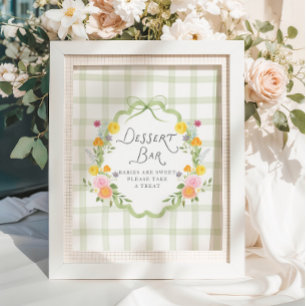Floral Frame Green Gingham Baby Shower Dessert Bar Poster