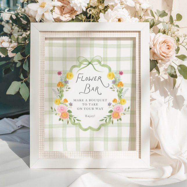 Floral Frame Green Gingham Baby Shower Flower Bar Poster (Creator Uploaded)