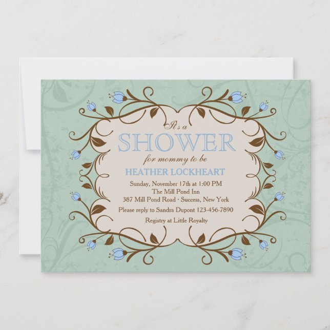 Floral Frame in Blue Invitation (Front)