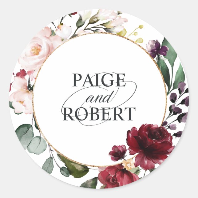 Floral Frame in Burgundy and Gold Classic Round Sticker (Front)
