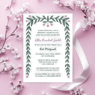Floral Frame Modern Custom Bar Bat Mitzvah Girl Invitation