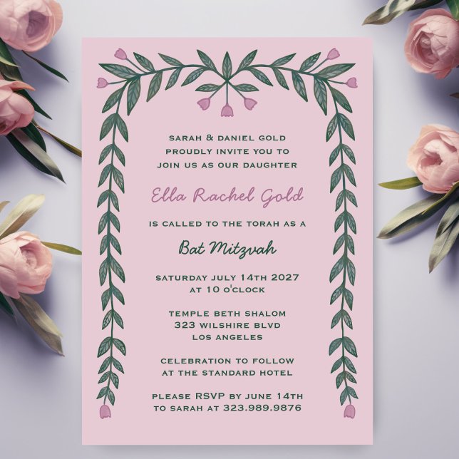 Floral Frame Modern Custom Bar Bat Mitzvah Girl Invitation (Floral Frame Modern Custom Bar Bat Mitzvah Girl Invitation
)