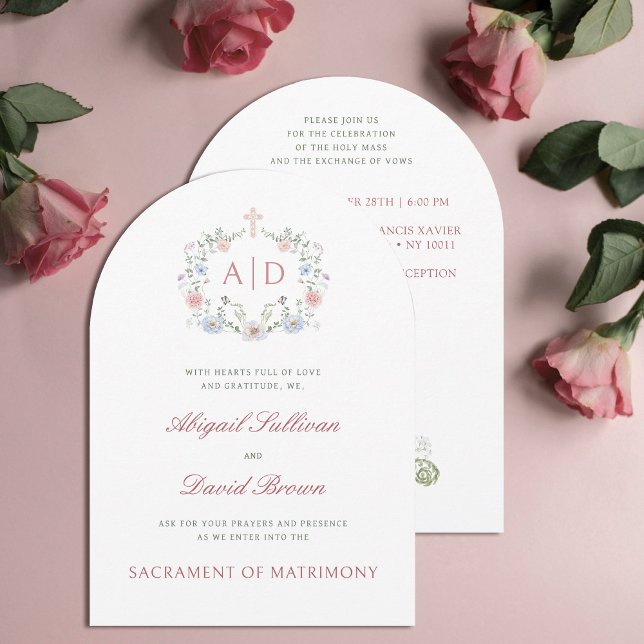 Floral Frame Monograms Catholic Wedding Invitation (Creator Uploaded)
