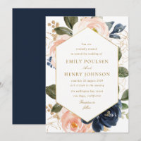 Floral frame navy & pink blush watercolor wedding