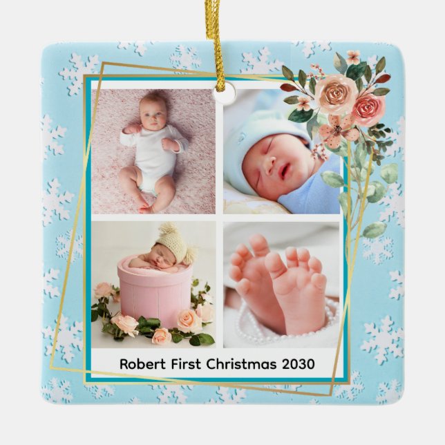 Floral Frame New Baby boy Personalised 4 Photo  Ceramic Ornament (Front)