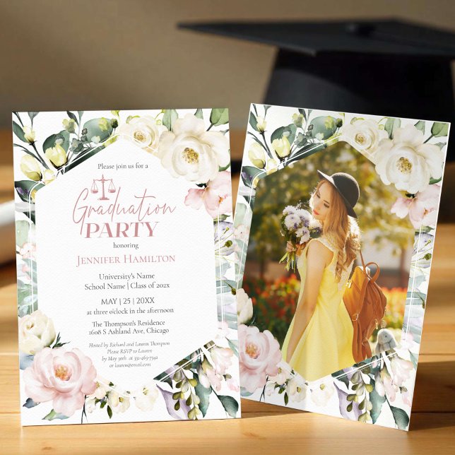 Floral Frame Photo Law School Graduation Party Invitation (Creator Uploaded)