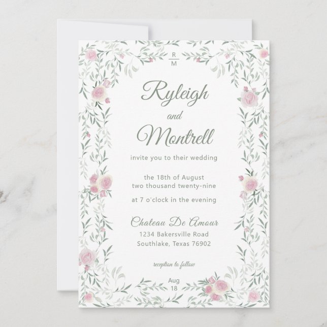 Floral Frame Pink Roses and Greenery Romantic Invitation (Front)