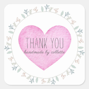 Floral Frame Pink Thank You Handmade Square Sticker