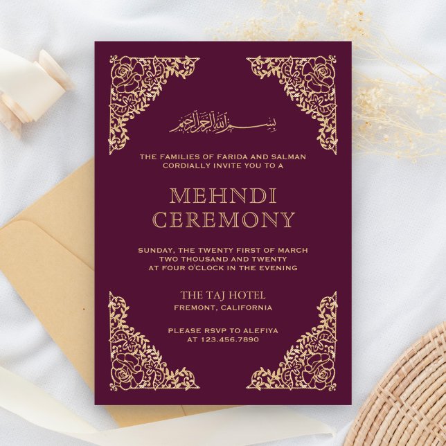 Floral Frame Plum and Gold Islamic Muslim Mehndi Enclosure Card (Creator Uploaded)