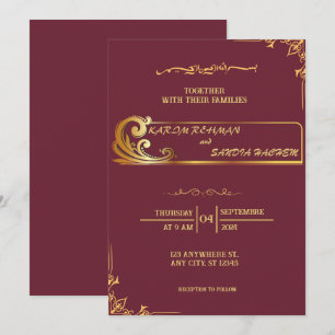 Floral Frame Plum and Gold Islamic Muslim Wedding Invitation