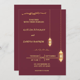 Floral Frame Plum and Gold Islamic Muslim Wedding Invitation