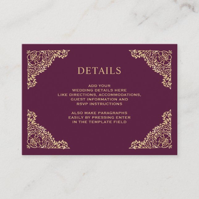 Floral Frame Plum and Gold Wedding Details Enclosure Card (Front)