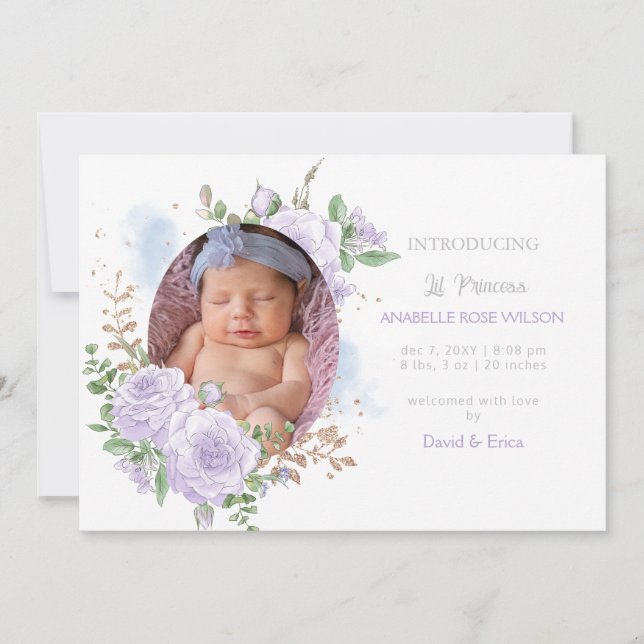 Floral frame Purple Girl Photo Birth Announcement (Front)