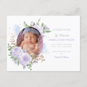 Floral frame Purple Girl Photo Birth Announcement Postcard