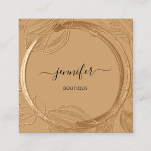 Floral Frame QR Code Logo Garden Brown Gold Square Business Card