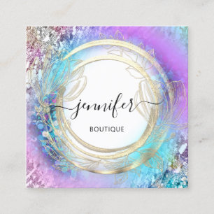 Floral Frame QR Code Logo Gold Garden Pink Square Business Card