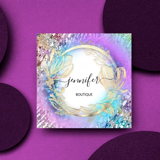 Floral Frame QR Code Logo Gold Pink Square Business Card (Floral Frame QR Code Logo Gold Pink Square Business Card)