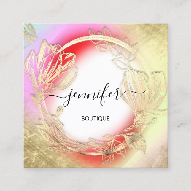 Floral Frame QR Code Logo Gold Red Abstract Square Business Card (Front)
