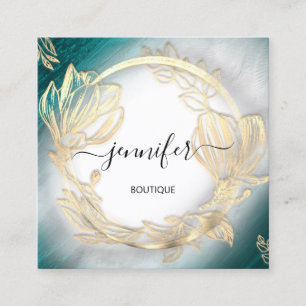 Floral Frame QR Code Logo Gold Teal Gray  Square Business Card