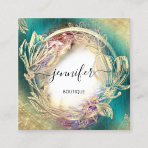Floral Frame QR Code Logo Gold Teal Green Square B Business Card