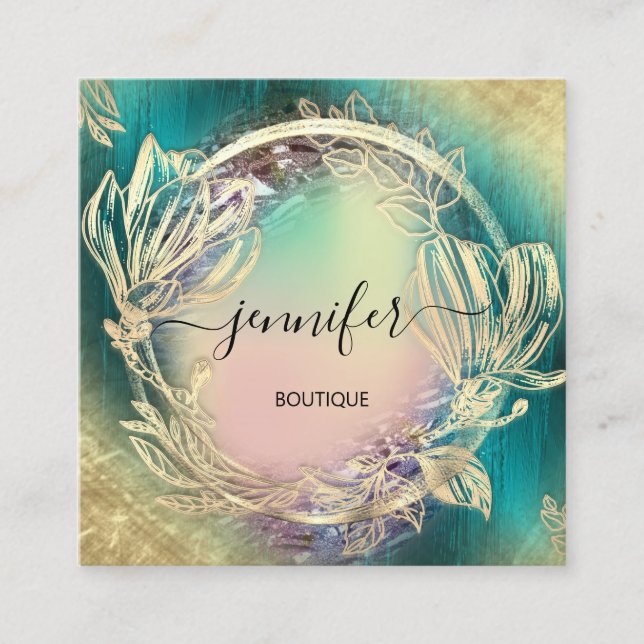 Floral Frame QR Code Logo Gold Teal Rose Square Business Card (Front)