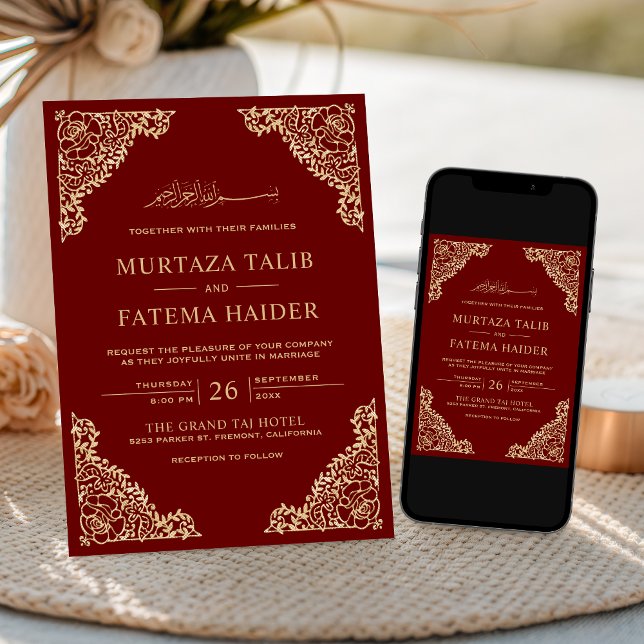Floral Frame Red and Gold Islamic Muslim Wedding Invitation (Creator Uploaded)