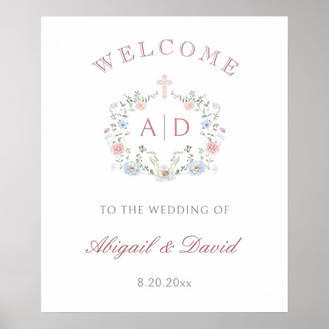 Floral Frame Religious Wedding Monograms Welcome Poster (Front)