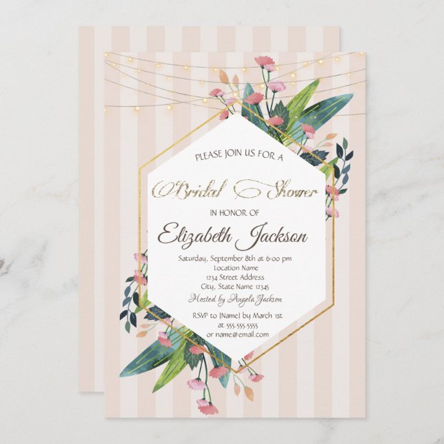 Floral Frame Striped Bridal Shower Invitation (Front/Back)