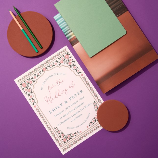 Floral Frame Vintage Oriental Border Wedding  Invitation (Elegant Oriental Frame Floral Border Wedding Invitation)