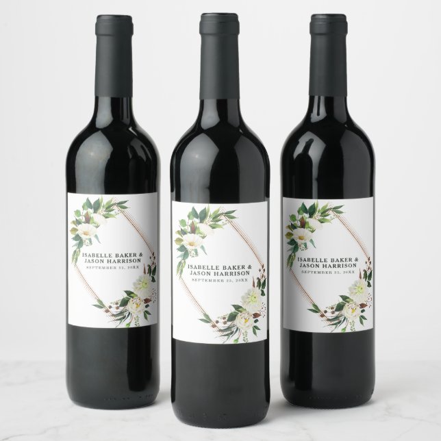 Floral Frame Wedding Wine Label (Bottles)