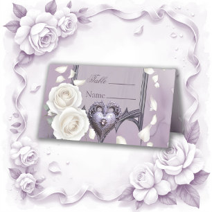 Floral frame with a heart and white roses place card